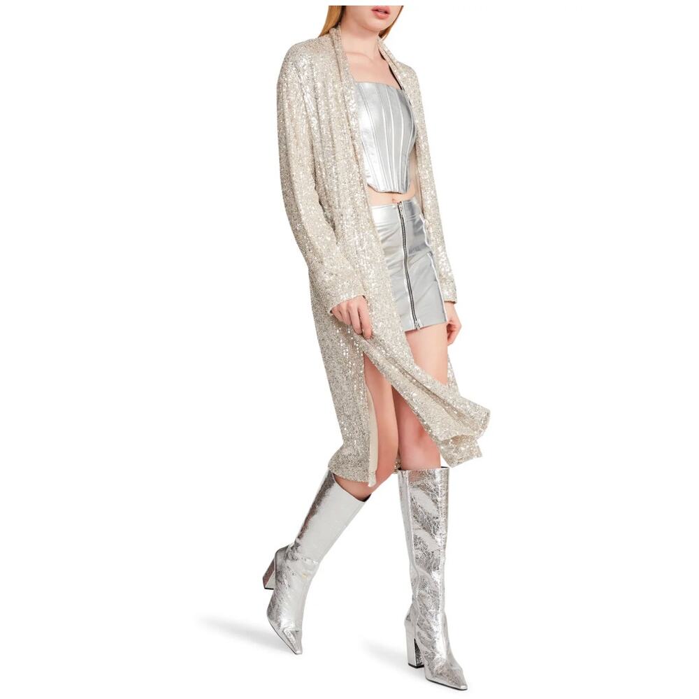 Steve Madden Silver Show Stopper Glitter Bomb Sequin Duster Jacket Sz Medium